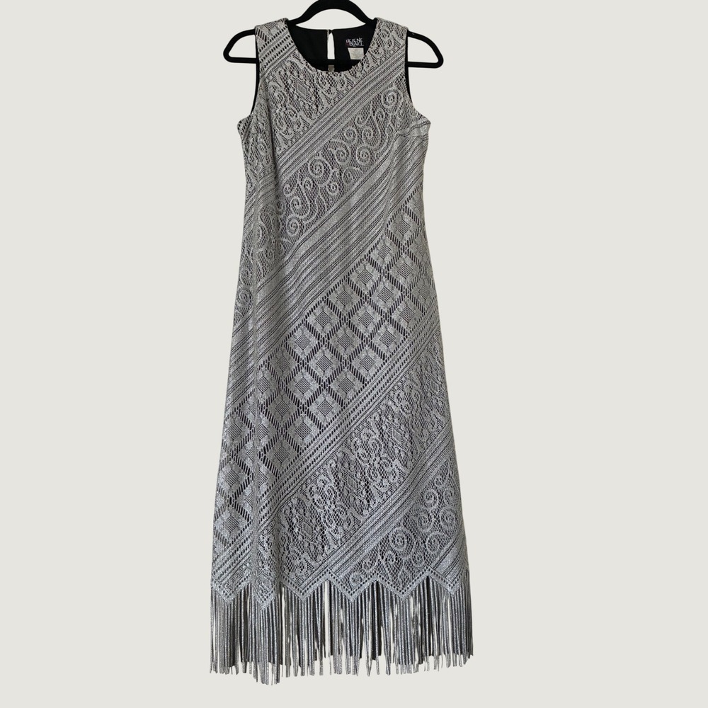 Helene Blake 90s Silver Metallic Lurex Lace Fringe Maxi Dress Size 6 Casual